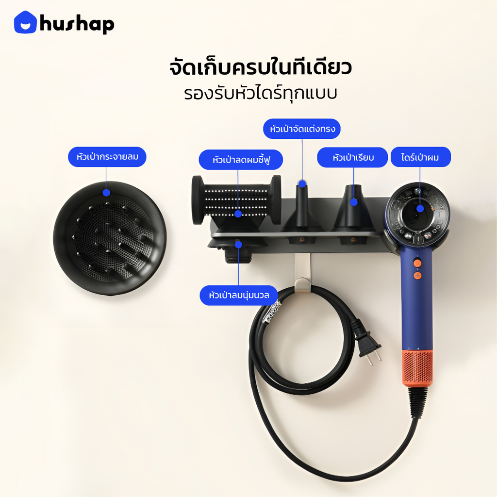 ที่วางไดร์ติดผนัง รุ่น BW-72 สีเทา รองรับ Dyson Supersonic HD08/HD15/HD16/HD19